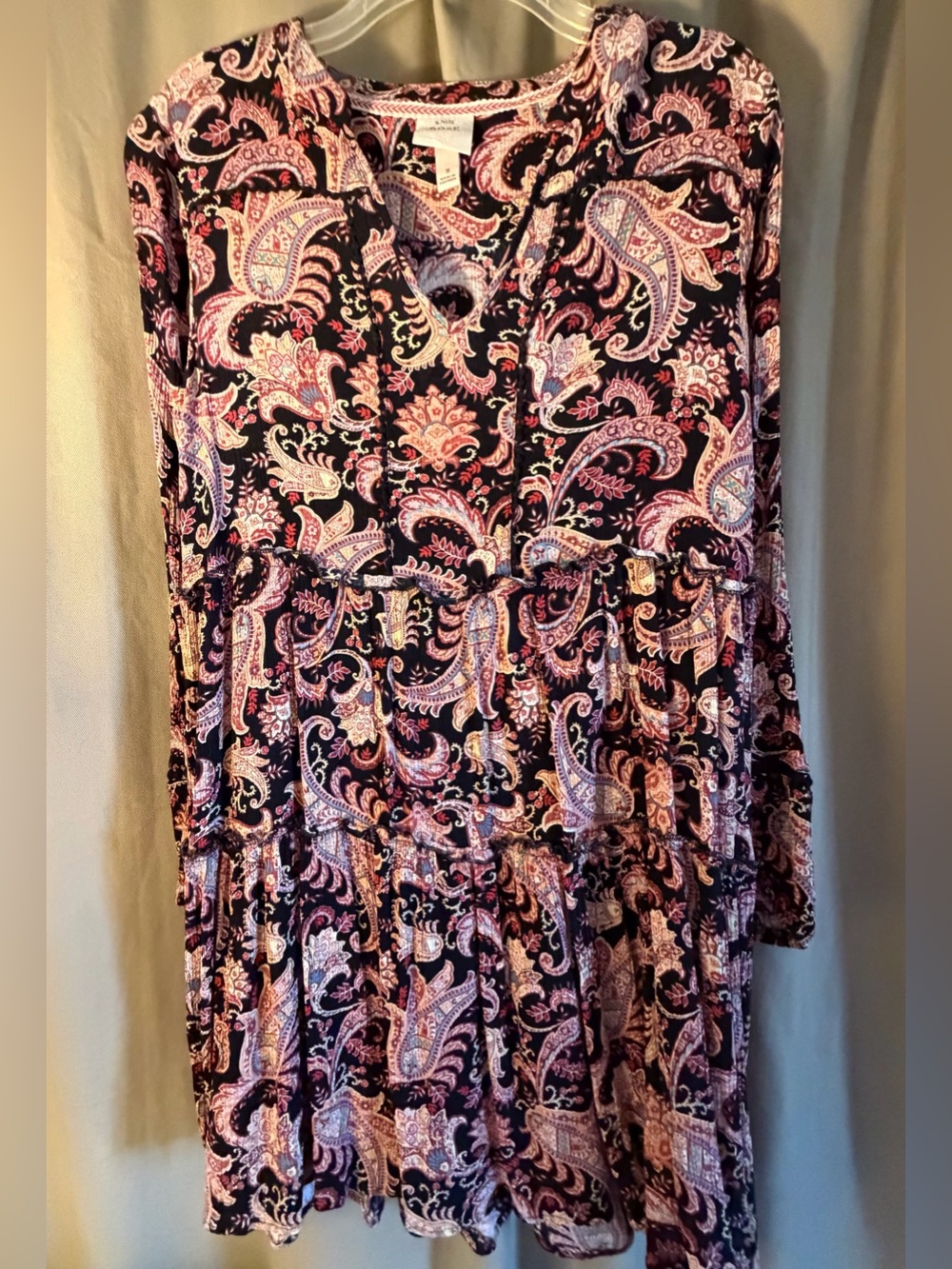 LIKE NEW KNOX ROSE Paisley Tiered Women's Dress in Black and Pink